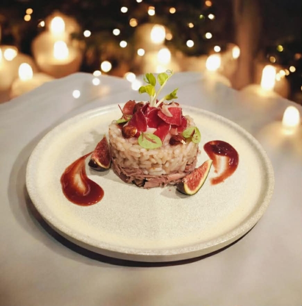 Entrée : Duo de canard, risotto et figue